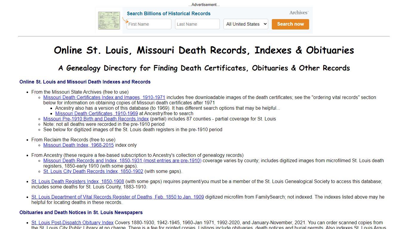 Online St. Louis, Missouri Death Records, Indexes ...